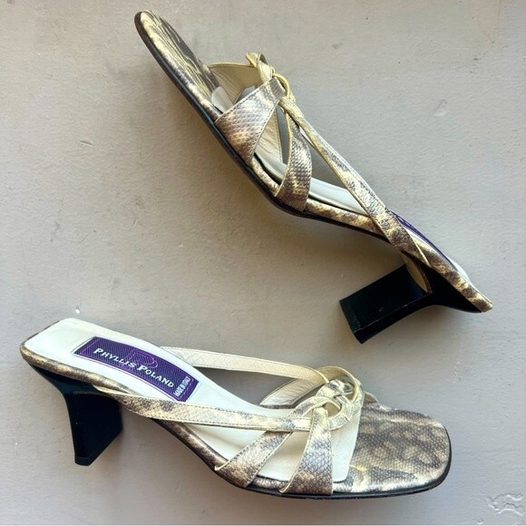Phyliss Poland Tess Cream Snakeskin Leather Heeled Slide Sandals Women’s Size 6 - Picture 1 of 13